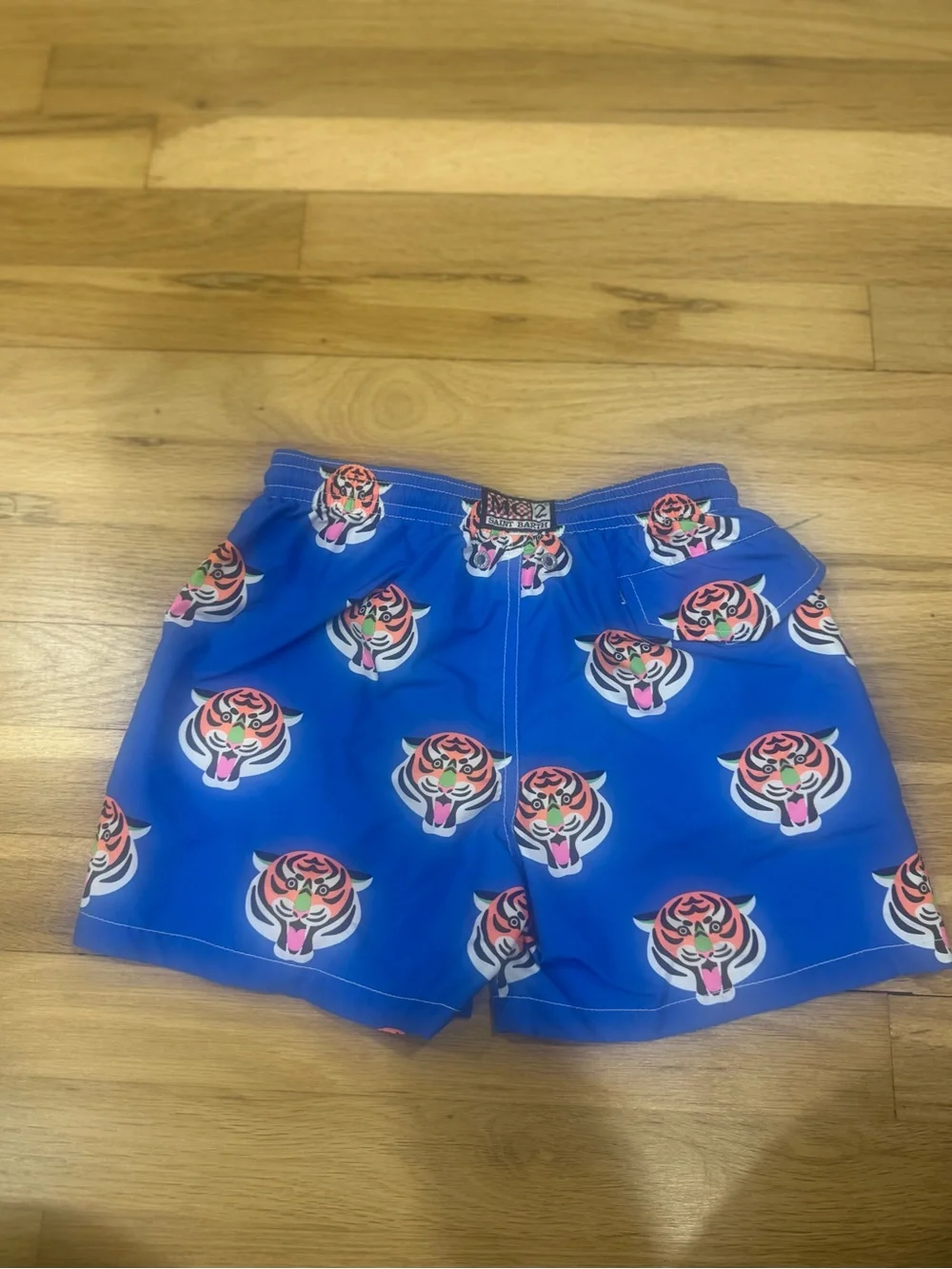 MC2 Saint Barth Kids Blue Swim Trunks with Orange Drawstring and Tiger Print